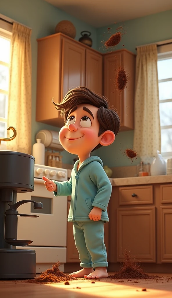 A sleepy character named Bob, dressed in pajamas, stumbles into a cozy kitchen early in the morning, Bob stands in front of the coffee maker in the kitchen, looking confused. He accidentally presses a button, causing the coffee maker to eject coffee grounds in all directions. The scene shows coffee grounds flying through the air, making a comical mess. Bob’s expression is one of surprise and mild frustration 2d animation