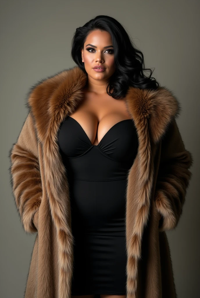 araffed woman with big breastes posing in a fur coat, a stock photo by Randy Vargas, tumblr, process art, sfw huge breasts, covered sfw huge breasts, big breasts, big breasts!, with large breasts, with a large breasts, breasts covered and sfw, big breasts!!, voluptuous and arousing, large breasts, giant stunning goddess shot