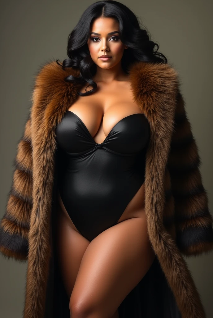 araffed woman with big breastes posing in a fur coat, a stock photo by Randy Vargas, tumblr, process art, sfw huge breasts, covered sfw huge breasts, big breasts, big breasts!, with large breasts, with a large breasts, breasts covered and sfw, big breasts!!, voluptuous and arousing, large breasts, giant stunning goddess shot