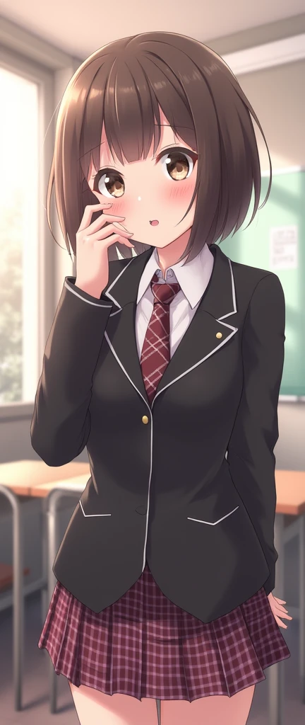 one girl, anime style, jacket, necktie, plaid skirt, beautiful, naive, my neighborhood friend, beautiful, cute pose, blurry, classroom, ecstatic eyes, close mouth