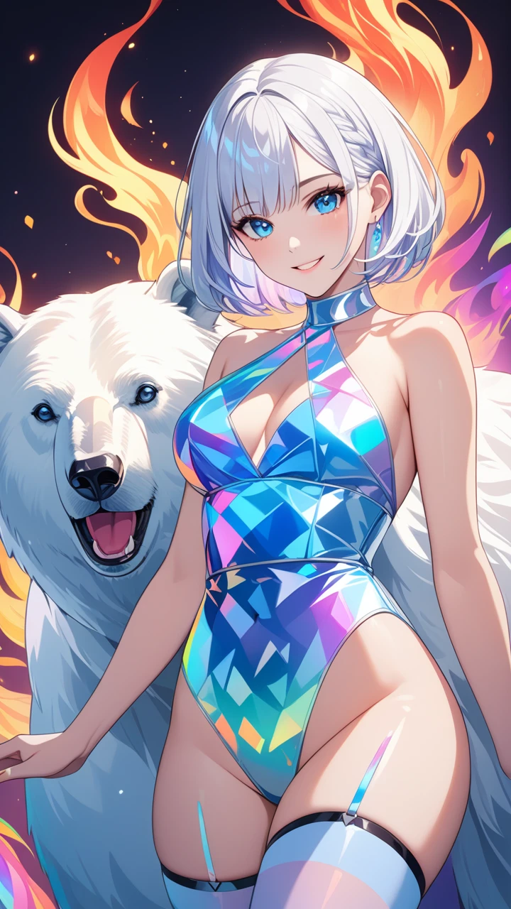 Highest quality　masterpiece　High resolution　masterpiece, white Bob, blue Eyes, blunt cut, prismatic,holographic, Chromatic, colorful, polar bear, smile, thighhighs, flames