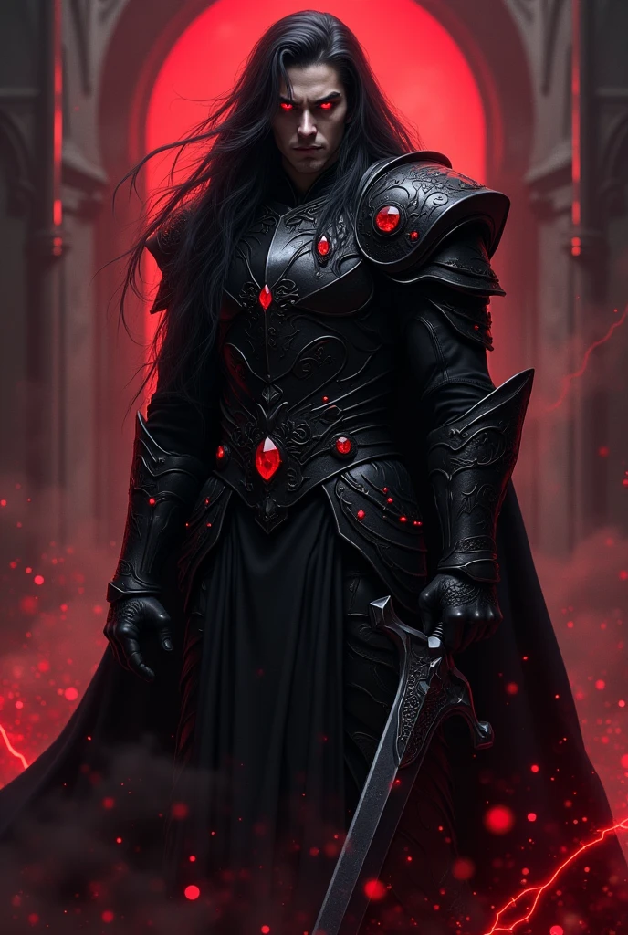 "Valis stands defiantly, clad in gothic black armor adorned with blood-red gemstones that glint menacingly in the dim light. His long, flowing black hair frames his pale face, and his crimson eyes burn with a fierce intensity. In his hand, he grips a black sword, the blade gleaming ominously. The atmosphere around him crackles with dark energy, as if the very air is charged with the destructive power of his 'Luminous Order.' His stance is powerful and unyielding, ready to unleash devastation upon any who dare challenge him."