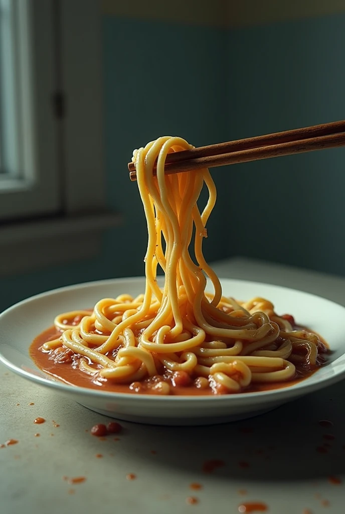 overcooked noodles with vomit juice on the side