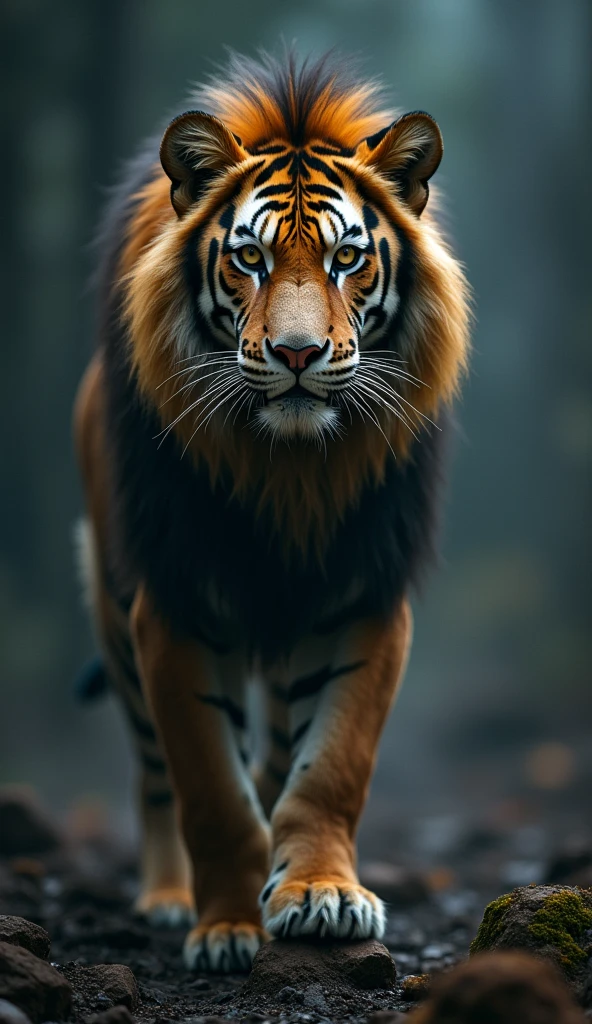 Lion and tiger hybrid production result, background dark