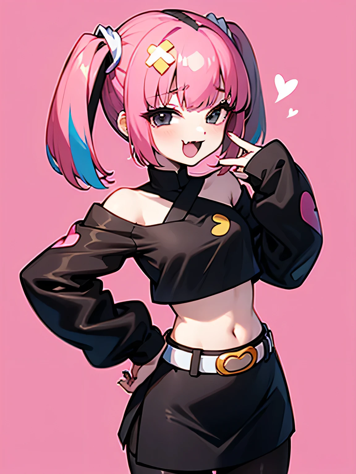 from above:1.3,sideview,1girl, solo, heart, fang, skirt, pink background, smile, black skirt, sleeves past wrists, blush, looking at viewer, open mouth, simple background, sleeves past fingers, crop top, hand on hip, shirt, long sleeves, pantyhose, belt, black shirt, cowboy shot, clothing cutout, midriff, :d, outline, sidelocks, miniskirt, :3, skin fang, grey eyes, white outline, bare shoulders, standing, long hair, multicolored hair, shiny, medium hair,Sango,Enchanting chest、(I am the star)