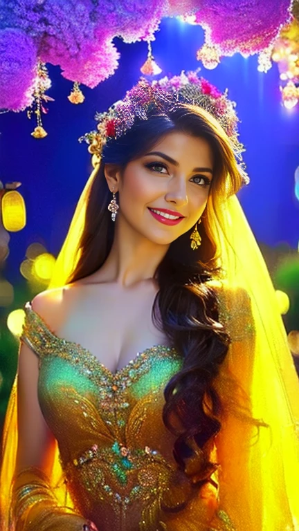 (a beautiful woman in a stunning gown of flowing silk with a radiant smile and captivating eyes),vibrant colors,highres,ultra-detailed,sharp focus,soft lighting,realistic,fantasy-inspired,portraits,subtle color palette,ethereal glow,fairytale,graceful,pastel shades,enchanted garden,lovely flowers,twinkling lights,whimsical ambiance