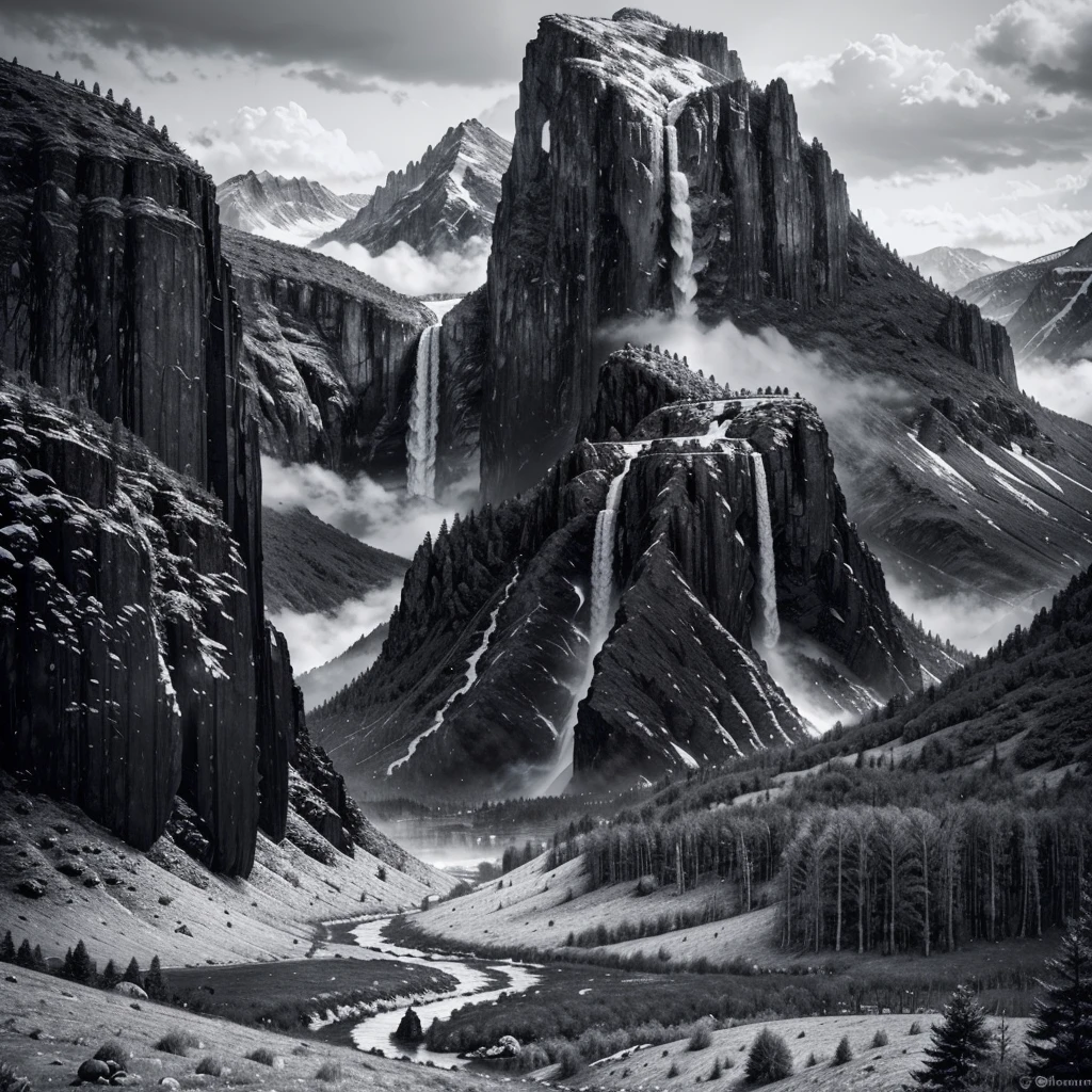 Black and white mountains with a waterfall and a few trees in the foreground, impressive fantasy landscape, an epic landscape, fantasy matte painting,cute, fantasy art landscape, most epic landscape, 4k hd matte digital painting, epic fantasy landscape, 4k highly detailed digital art, epic dreamlike fantasy landscape, epic landscape, 4 k matte painting, ross tran. scenic background