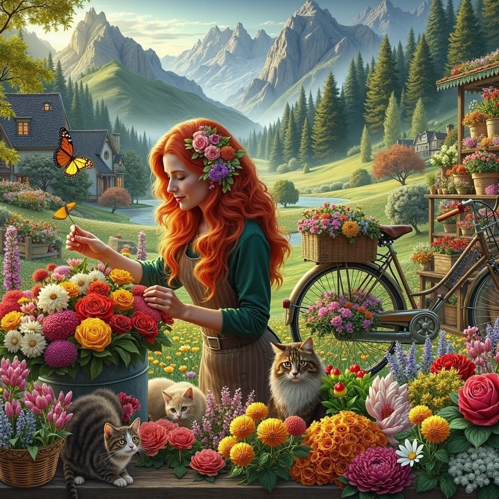 The beautiful redhead florist woman passionately nurturing vibrant flowers at her urban garden stall, insanely detailed and intricate scene, variety flowers and vegetables plants in background with beautiful hilly meadows and small. woods and also mountains with a curious cat in the foreground and a butterfly resting on one of the flowers and a vintage bicycle with flower baskets