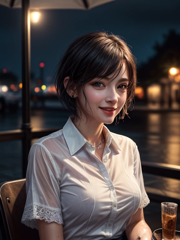 (8K, Best Quality, Masterpiece: 1.2), (Realistic, Photorealistic: 1.37), Super Detailed, 1 Girl, Cute, Alone, Beautiful Detailed Sky, Detailed Cafe, Night, Sitting, Date, (Rush Nose), (Smile: 1.15), (close mouth) Small breasts, Beautiful details, (collared shirt: 1.1), night, Wet, Business wear, rain, White lace, (short hair: 1.2), floating hair