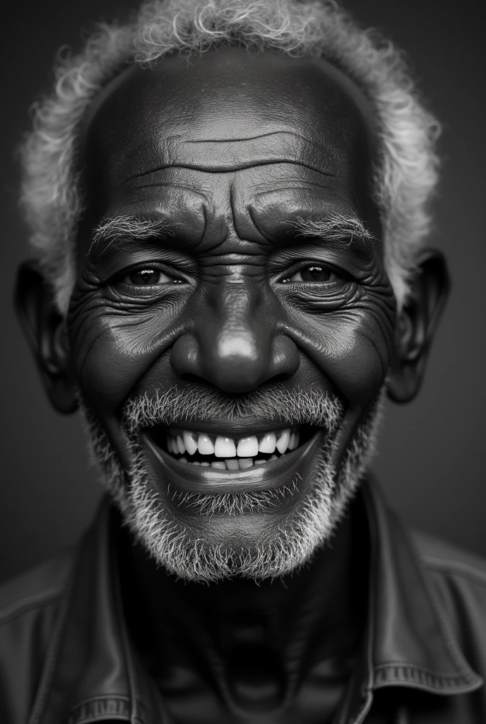 A black old man smiling with one front teeth missing and he is crying
