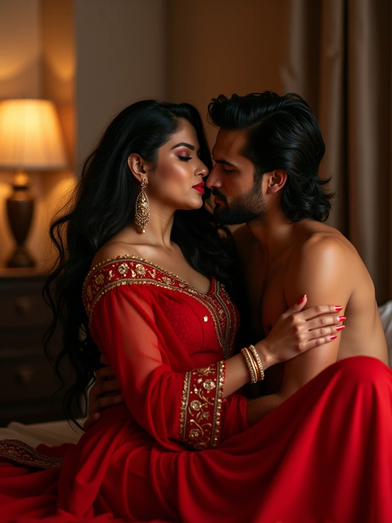 There is a 22-year-old Indian girl she is red wearing a lehenga and is sitting on her boyfriend's lap and is absolutely passionate sexy look