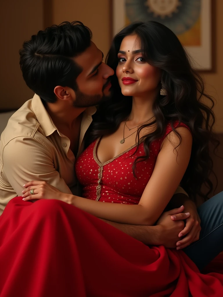There is a 22-year-old Indian girl she is red wearing a lehenga and is sitting on her boyfriend's lap and is absolutely passionate sexy look