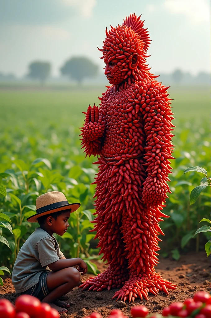 An idol of Lord Ram made of chillies with a chilli field behind it and a boy sitting nearby wearing a hat.
