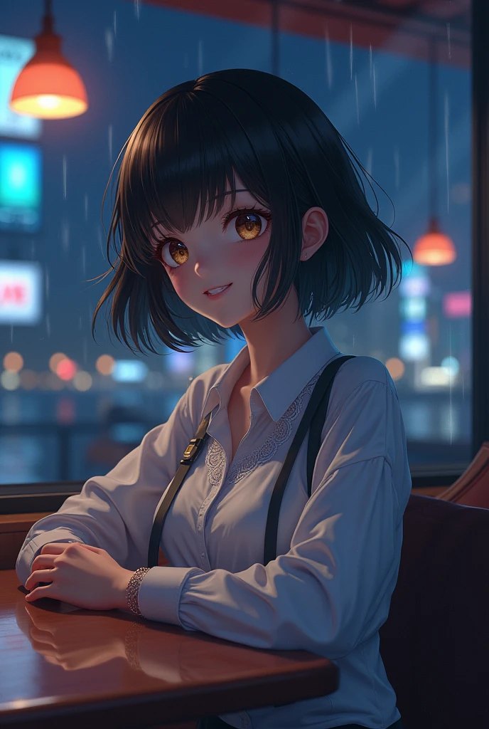 (8K, Best Quality, Masterpiece: 1.2), (Realistic, Photorealistic: 1.37), Super Detailed, 1 Girl, Cute, Alone, Beautiful Detailed Sky, Detailed Cafe, Night, Sitting, Date, (Rush Nose), (Smile: 1.15), (close mouth) Small breasts, Beautiful details, (collared shirt: 1.1), night, Wet, Business wear, rain, White lace, (short hair: 1.2), floating hair