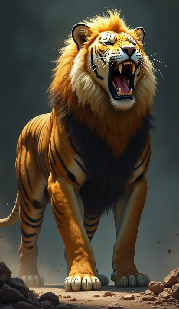 Lion and tiger hybrid production result, background dark, roaring 