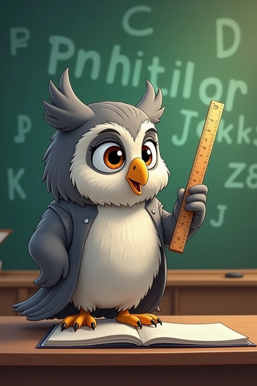 Create a cartoon picture of a gray-haired owl professor looking straight ahead, holding a ruler on the left and pointing at the green alphabet