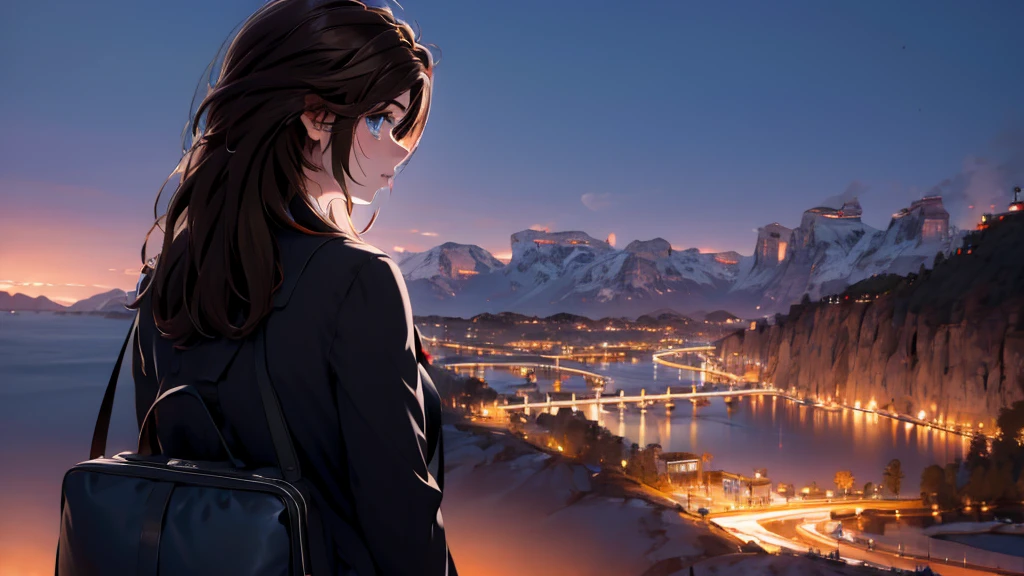 1 girl, medium light brown hair, light blue eyes, wearing black suit, night city, absurdres, high res, ultrasharp, 8K, masterpiece, looking from behind