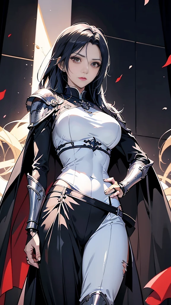 Black-haired woman, Amazing character art, (Silver Armor:1.3 ),((Pure white background)), 3d rendering character art 8k, Beautiful female knight, 2. 5D CGI Anime Fantasy Artwork, Detailed digital anime art, Beautiful female templar, Photorealistic Anime Girl Rendering, Very nice work of art, Fan Art Best Art Station, (Red velvet cape),(Stretch your open hand forward:1.3), (Hands on hips),(on stage:1.2),((From below)),(A female general gives the order to her soldiers to victory),Muscular