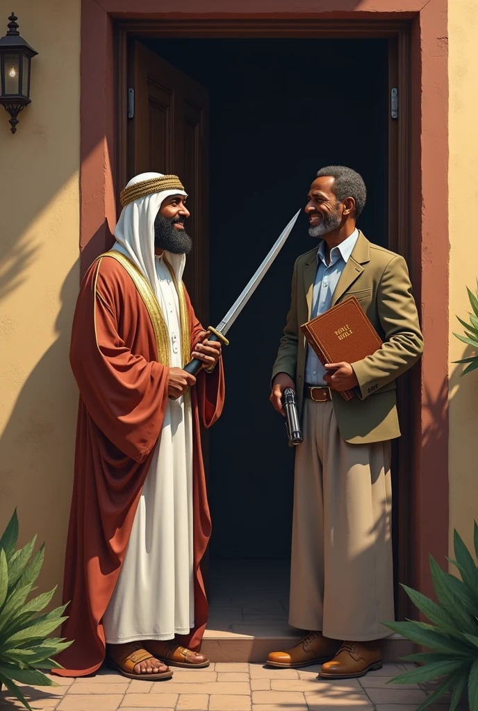 Two smiling people knock on the door of an African man, Among these two people, one is dressed like a Middle Eastern individual with a Koran and a saber on each hand., while the other is dressed in a jacket with a bible and a gun on each hand.