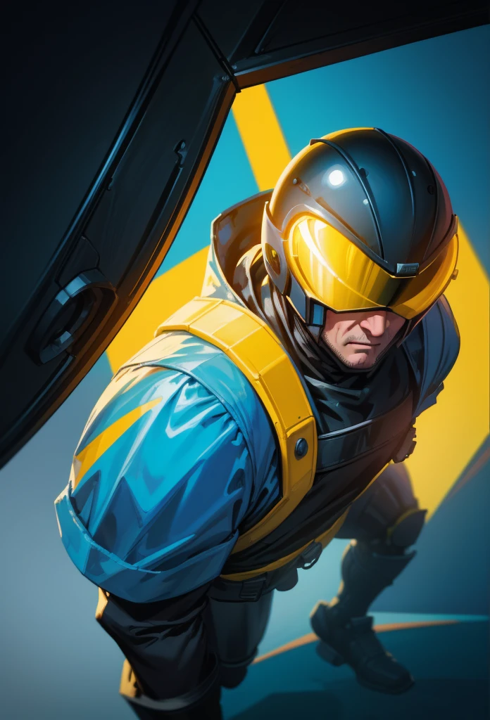 a stylized video game cover, a man in a biking helmet, black majority color, blue side angle light, yellow door behind him, dramatic light, very dramatic and high contrast、Pixel art、simple background
