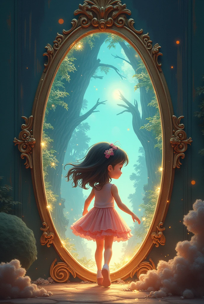 A young girl entering a magic mirror full of mystery