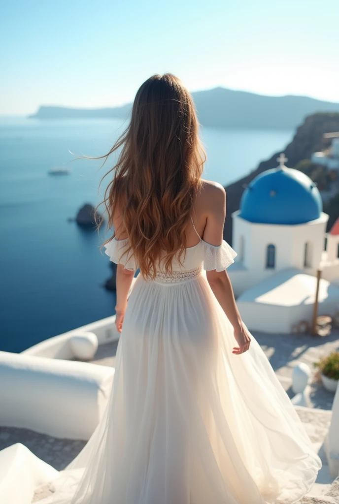 Santorini, sea view, long-haired girl, back view, off-the-shoulder wedding dress