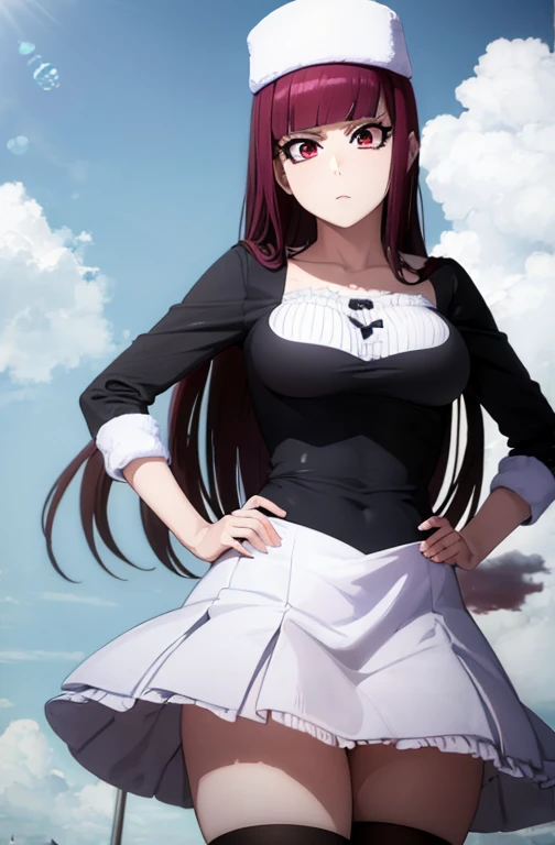 (masterpiece, Detailed Image,detailed picture) Sexy Riruka Dokugamine in her dress and white hat, bleach girl, top quality, 16 thousand, ultra-detailed, black stockings, girl stands posing with her hand on her waist, beautiful Riruka Dokugamine