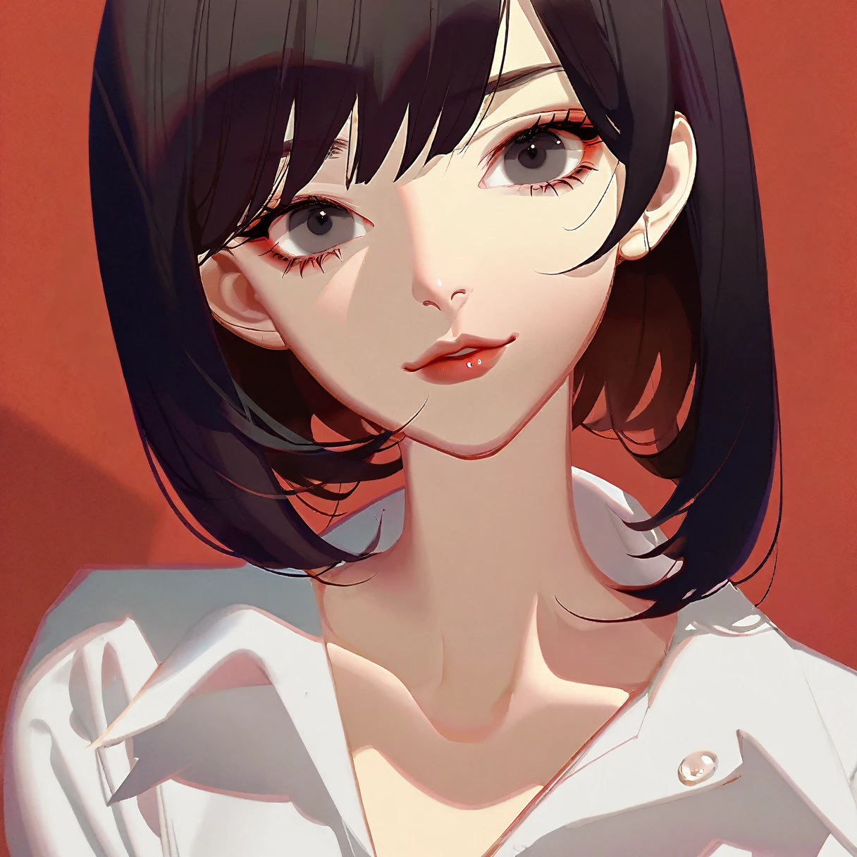 by ask, 1girl, solo, black hair, looking at viewer, red background, black eyes, short hair, bangs, shirt, makeup, white shirt, collarbone, bob cut, portrait, collared shirt