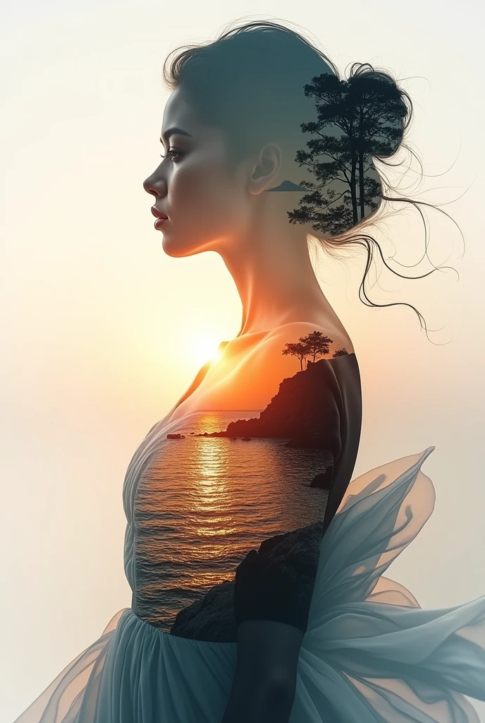 high quality, 8K Ultra HD, A beautiful double exposure that combines an goddess silhouette with sunset coast, sunset coast should serve as the underlying backdrop, with its details incorporated into the goddess , crisp lines, The background is monochrome, sharp focus, double exposure, by yukisakura, awesome full color,