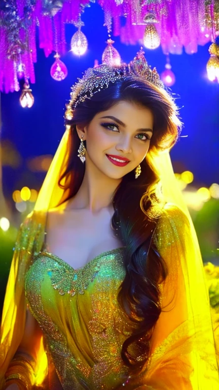 (a beautiful woman in a stunning gown of flowing silk with a radiant smile and captivating eyes),vibrant colors,highres,ultra-detailed,sharp focus,soft lighting,realistic,fantasy-inspired,portraits,subtle color palette,ethereal glow,fairytale,graceful,pastel shades,enchanted garden,lovely flowers,twinkling lights,whimsical ambiance