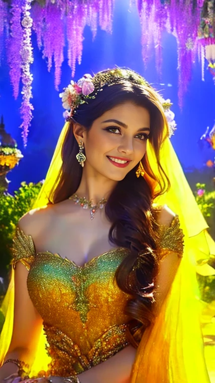 (a beautiful woman in a stunning gown of flowing silk with a radiant smile and captivating eyes),vibrant colors,highres,ultra-detailed,sharp focus,soft lighting,realistic,fantasy-inspired,portraits,subtle color palette,ethereal glow,fairytale,graceful,pastel shades,enchanted garden,lovely flowers,twinkling lights,whimsical ambiance