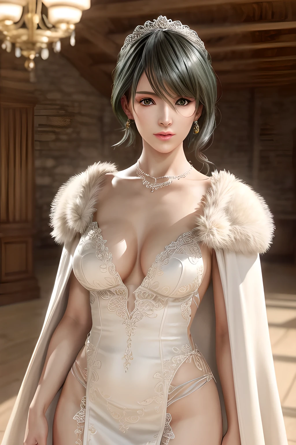 A lady with extraordinary temperament, she stands in a modern indoor space, as if she is a model from a fashion magazine. She is wearing a (pure white long fur cape), the softness and luster of which makes her look more noble under the light, and complements her (beige dress) underneath, showing her gentle temperament while maintaining a sense of fashion. The style of the dress is simple and generous, a perfect match, and it lengthens her figure, making her tall and charming. The lady's makeup is delicate and elegant, which just highlights her facial features and makes people unforgettable at first sight. Although the earrings and necklace she wears are not ostentatious, they add a bit of sophistication and nobility to her overall look. Her hair is casually draped over her shoulders, and every strand of hair exudes a natural luster,, (best quality,8k,highres,masterpiece:1.2),ultra-detailed,(realistic,photorealistic,photo-realistic:1.37),studio lighting,ultra-fine painting,sharp focus,physically-based rendering,extreme detail description,professional,vivid colors