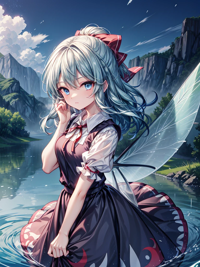 1girl, ((Alluring)),((Wear cold air)),cirno (Touhou), ((long hair)), blue hair, ice wings, ((Hair blowing in the wind)),fairy wings, Blue eyes, bangs, white shirt, collared shirt, puffy short sleeves, blue dress, pinafore dress, red ribbon, neck ribbon, blue bow, green bow, hair bow, bow,((misty lake)),((Gensokyo))