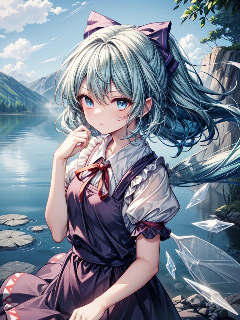 1girl, ((Alluring)),((Wear cold air)),cirno (Touhou), ((long hair)), blue hair, ice wings, ((Hair blowing in the wind)),fairy wings, Blue eyes, bangs, white shirt, collared shirt, puffy short sleeves, blue dress, pinafore dress, red ribbon, neck ribbon, blue bow, green bow, hair bow, bow,((misty lake)),((Gensokyo))