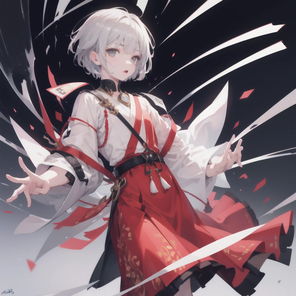 (Highest quality),8k,High resolution,(whole body),(1 person),(youth),Late teens,Okabo Hair,Bobcut,Cropped hair,Gray Hair,Beautiful mouth,Beautiful hands,Men&#39;s white kimono,Black robe worn,Restraints on limbs,Swords of light floating around,Japanese sword in hand,Black, stagnant water surface,Crimson sky,Giant centipede behind