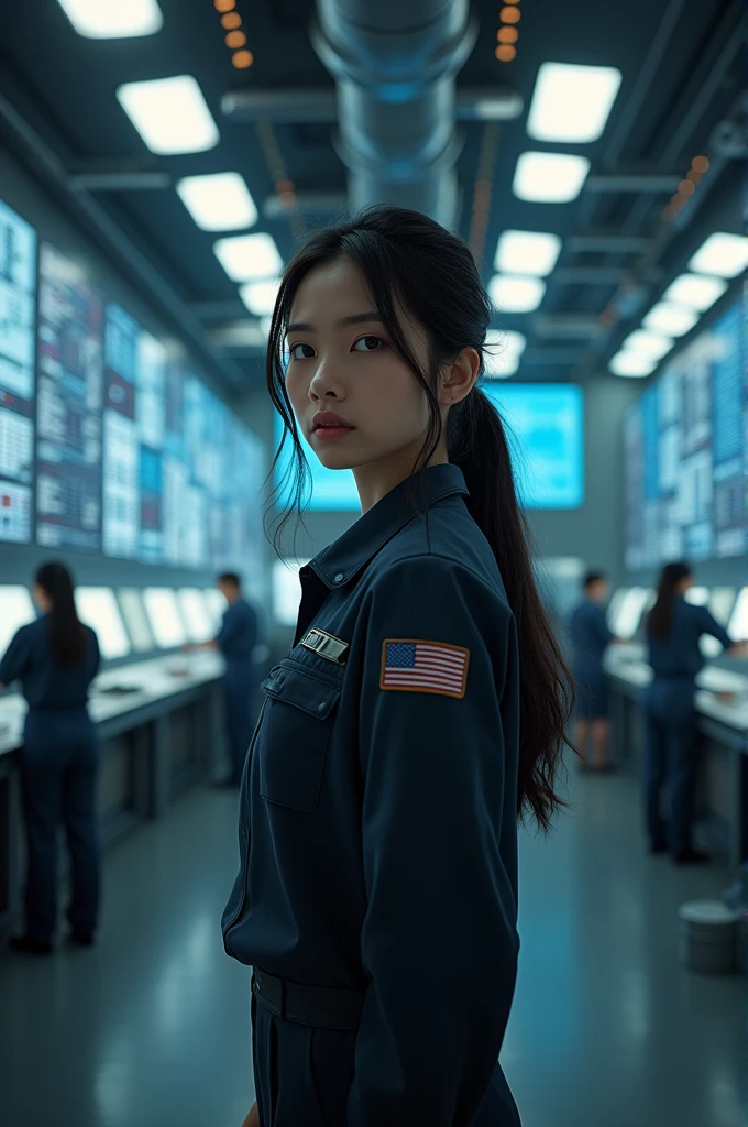 Technician dressed as a black-haired young woman with a serious expression, the background is a large scientific observatory with many large screens and staff