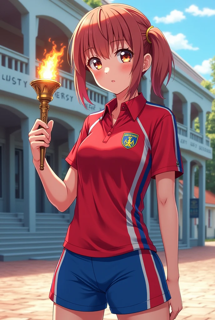 Create a red and blue physical education school uniform with a balcony that says Justo Sierra and that carries a torch