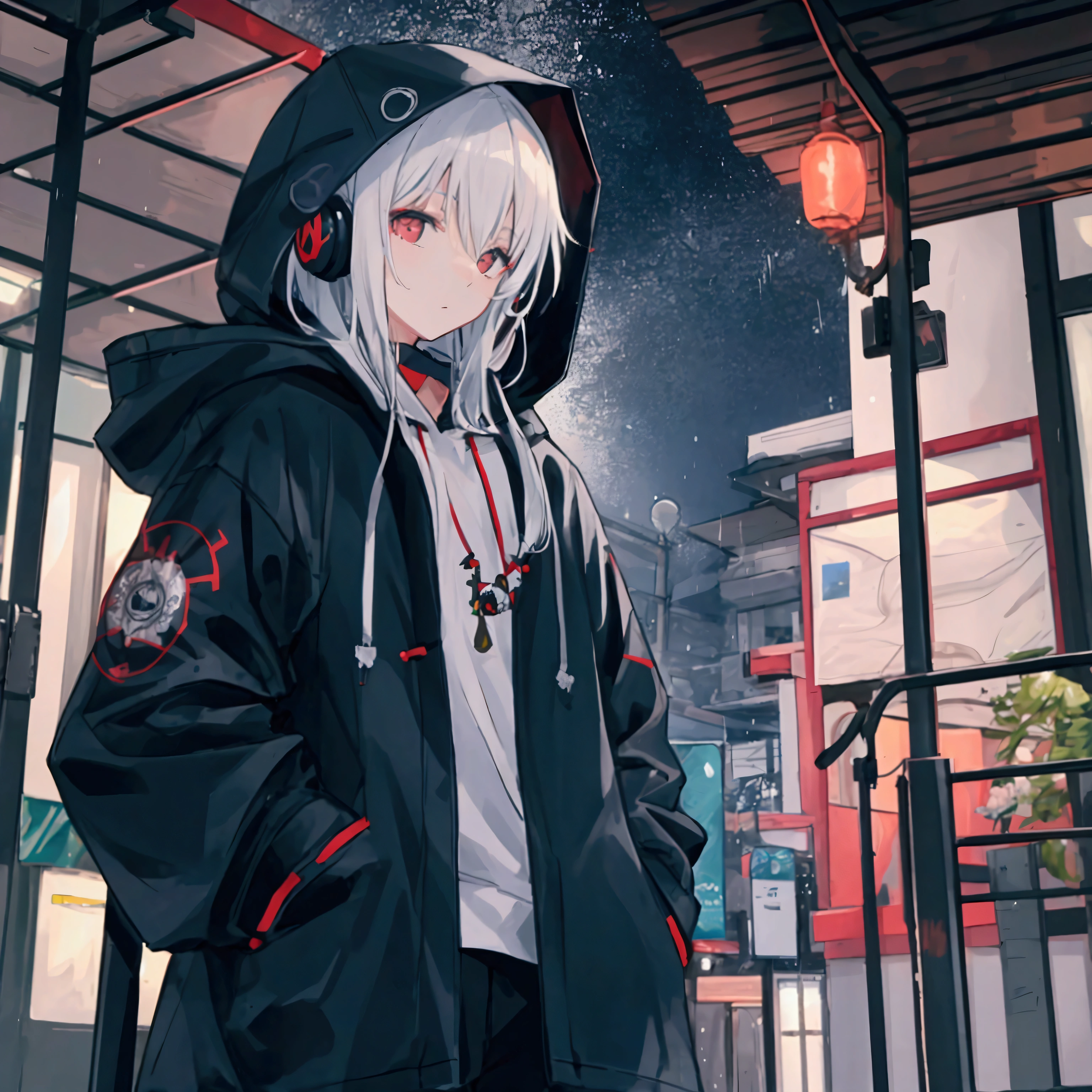 Young man, wearing mountain parka, hood up, listening to music on a waiakeisuiyahon, corner of lush park, rainy day