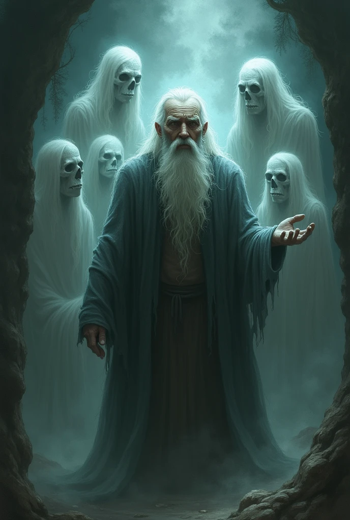 An Old Man surrounded by many type of ghost