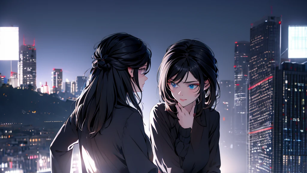 1 girl, medium light black hair, light blue eyes, wearing black suit, night city, absurdres, high res, ultrasharp, 8K, masterpiece, looking from behind