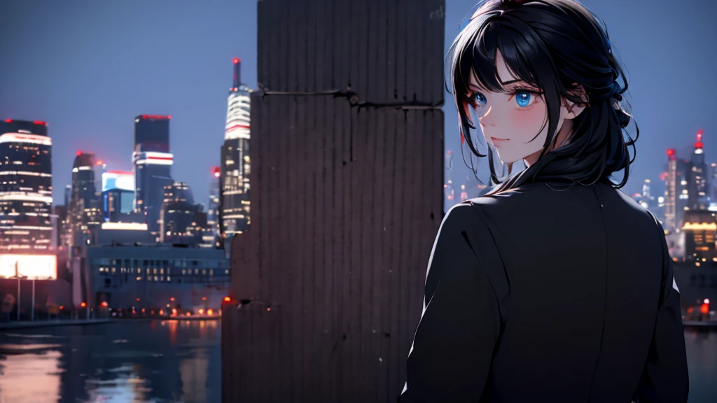 1 girl, medium light black hair, light blue eyes, wearing black suit, night city, absurdres, high res, ultrasharp, 8K, masterpiece, looking from behind