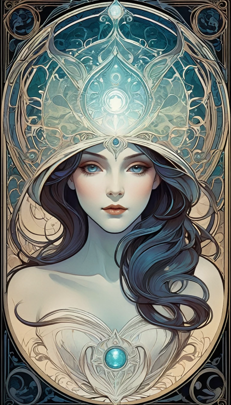 mysterious border, a floating small white book, it has a human face on the cover, it is a grimoire, there is mysterious energy everywhere, modern style, vector, highly detailed, intricate, masterpiece, realistic, professional, Dark Fantasy, d&d,(centered), (well framed), vector-art, gradient color, detailed, realistic, professional art masterpiece, (Art Nouveau), Illustration by Alphonse Mucha, (vector-art:1.1) Negative prompt