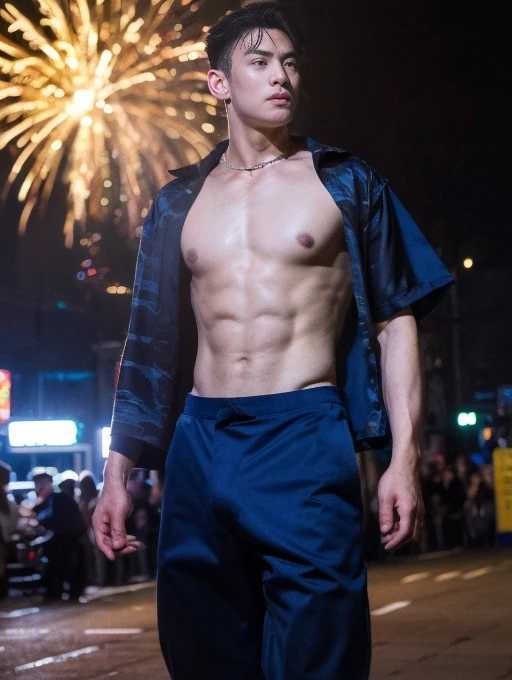 top-quality、​masterpiece、超A high resolution、(realisitic:1.4)、Detailed face、solo、１human male、Dark hair、glistning skin、dense skin、(asian human)、architectural、(absurderes、hight resolution、Ultra-detail)、、1 male、Adults、(Man's, 23 years old)、a handsome、tall muscular man、broad shoulder、extra very short hair、angular jaws、thick neck、thick eyebrow、extra very short hair、A darK-haired、fine eyes and detailed face、 Highly detailed CG Unity 8K wallpapers、intricate-detail、(Style Swirl Magic:0.7)、looking at the spectator、solo、(full body Esbian:0.6)、Detailed background、A detailed face、dynamicposes、、Urban background、dynamic compositions、 big muscle、、((((Crotch bulge))))、a handsome、 ((masutepiece:1.4, Best Quality)), ((masutepiece, Best Quality)), (photographrealistic:1.4)、(((Fireworks Festival)))、sports wear、 Pubic hair, open legs, ,  abs, ((Erection 1.2)), (Moccoli: 1.4),  Sweating, (He is wet, Wet 1.2),, (Slipping thin underwear, Wet and beautiful 1.4)), Blood vessels in the arm、、Chinese Bishonen、(Stroll through the city of fireworks displays:1.2), food stand, (Dark blue silk yukata:1.3),   Smile, red blush,（the perfect body：1.1）、（shorth hair：1.2）、FULL BODYSHOT,（Very elaborate CG 8K wallpapers）、（extremely delicate and beautiful）、（​masterpiece）、（top-quality）:1.0)、(超A high resolution:1.0)、[hight resolution]、detailed skins、Ultra-detail ((colourful)), male people、Japan though、Vermilion band , (nsfw , secy ,  eroticism)