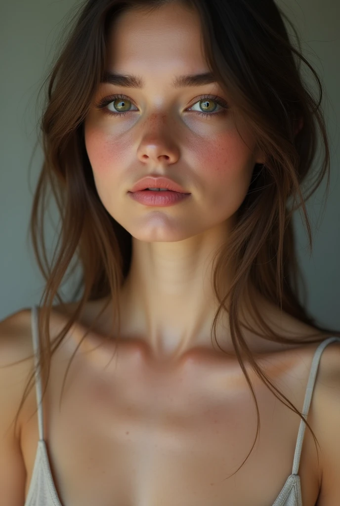realistic photo a beautiful girl She is naked with no clothes on and milk and pimples are visible.