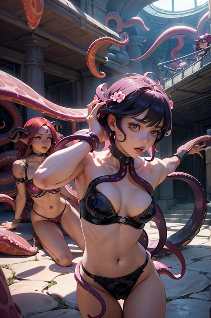 (superflat, masterpiece, flat shading), ((3 females)), Cinematic shot of lesbian sex orgy where multiple females penetrated by tentacles, (((4 girls and females))), ((tentacles on necks )), (big breasts), many tentacles, hands in panties, perfect bodies, (attacked by tentacles), sexy black underwear,, shy, (tentacles around), high contrast light on body, face in shadow, perfect composition, highly detailed, pink tentacles