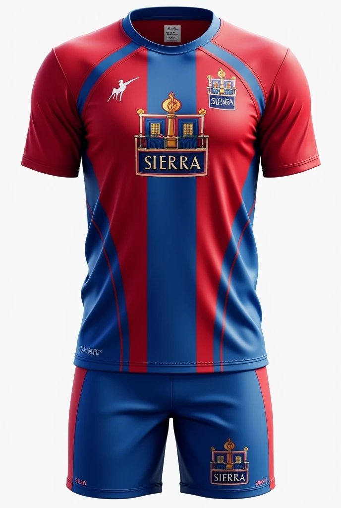 Create a red and blue physical education school uniform with a balcony that says Justo Sierra and that has a torch on the uniform