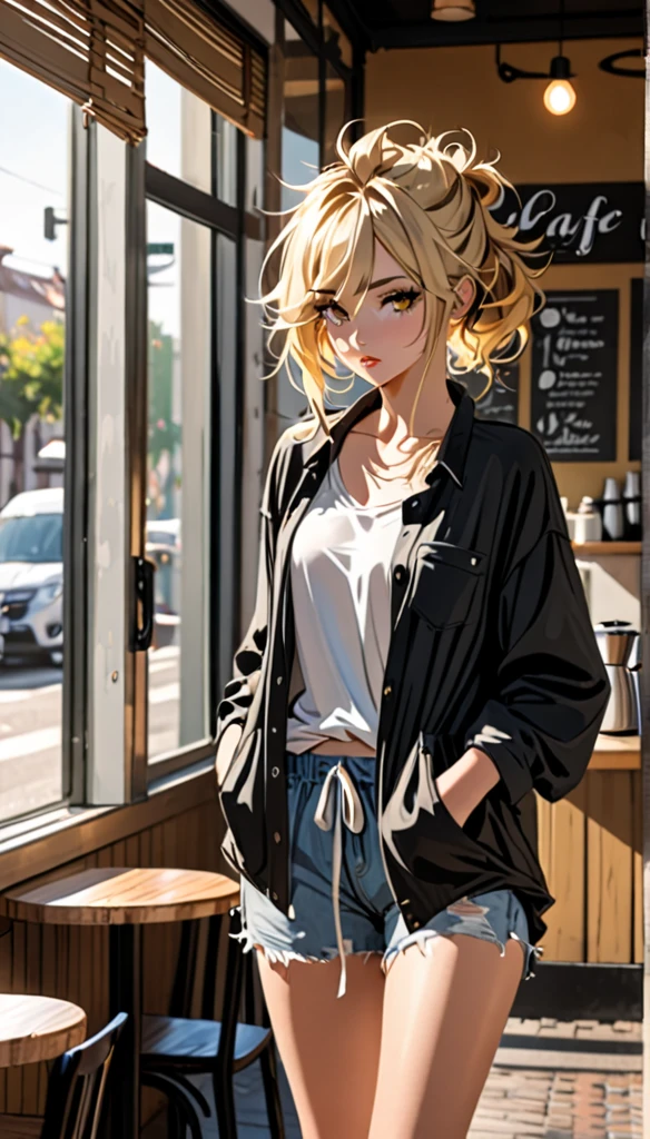 Beautiful and blond messy styled hair, morning, cafe, standing, hands in the pockets, seductive posture 