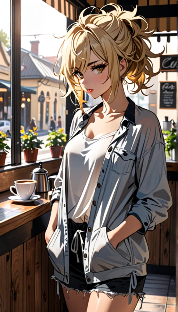 Beautiful and blond messy styled hair, morning, cafe, standing, hands in the pockets, seductive posture