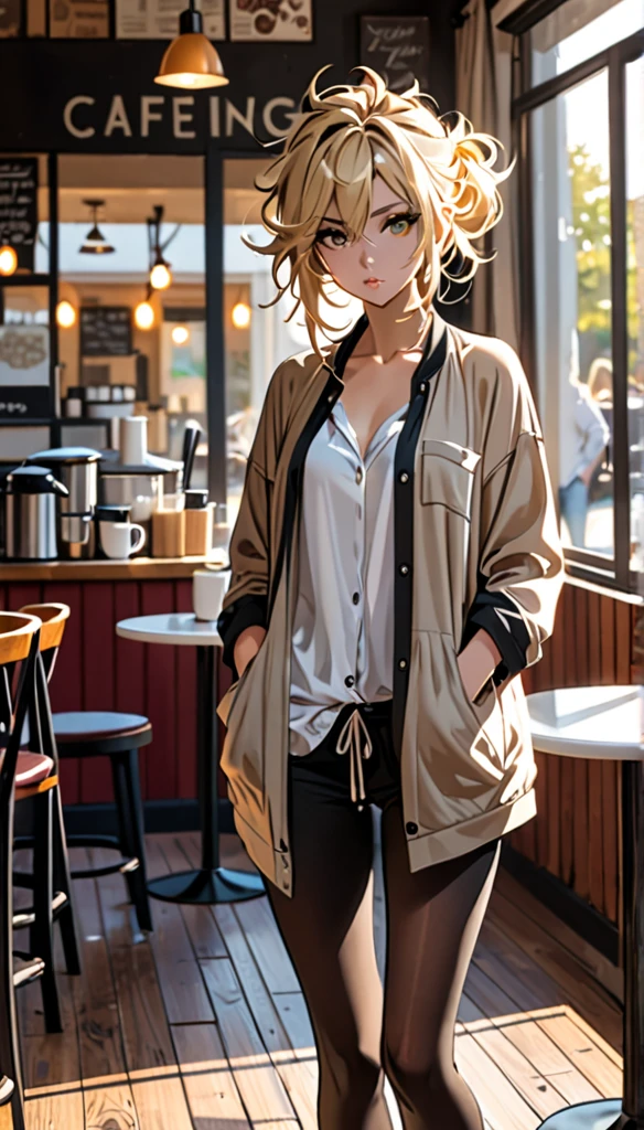 Beautiful and blond messy styled hair, morning, cafe, standing, hands in the pockets, seductive posture 