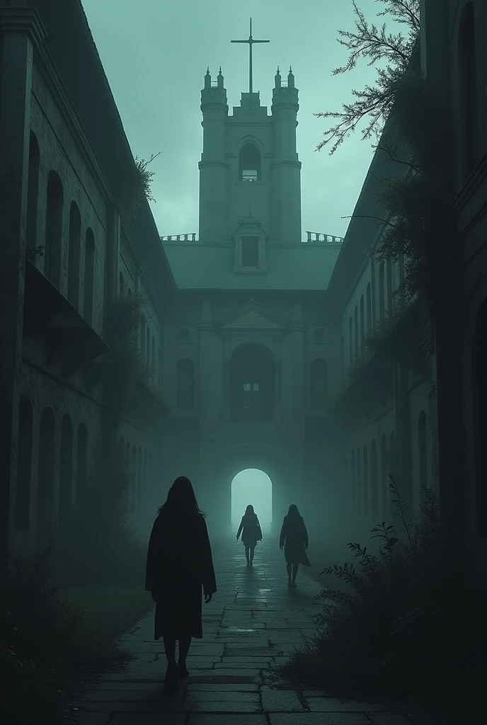 Horror dark: University with students with a text : "Lihim na kailanma'y hindi nabunyag"